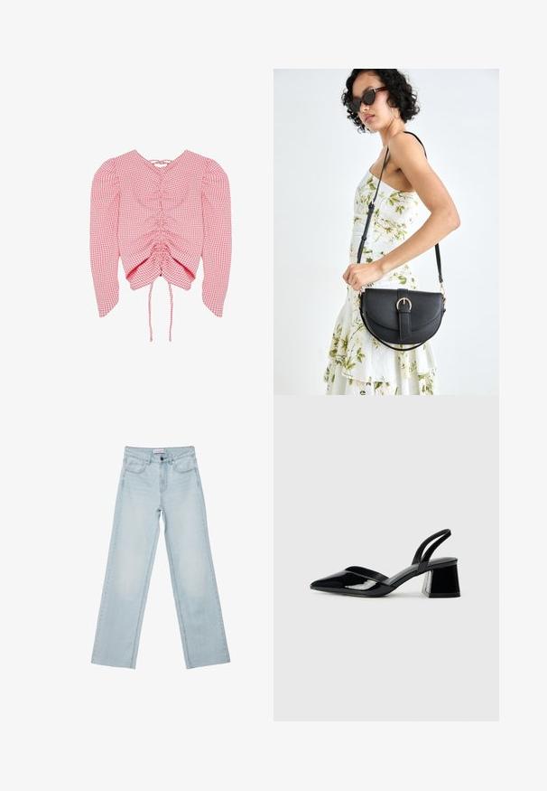 Blouse à manches longues en vichy rose et blanc avec un devant froncé et des cordons de serrage ajustables à l'ourlet inférieur.; Jean large bleu clair en denim. Doté de cinq poches, d'un zip à bouton et de détails décolorés. Coupe droite classique avec une coupe ample.; Escarpins en cuir verni noir avec bout pointu et talon bloc géométrique. Présente un design élégant et minimaliste ainsi qu'une texture lisse.; Sac à main en cuir noir avec une forme courbée, bandoulière amovible et des accessoires en or. Le sac est doté d'un rabat avec un détail de boucle.