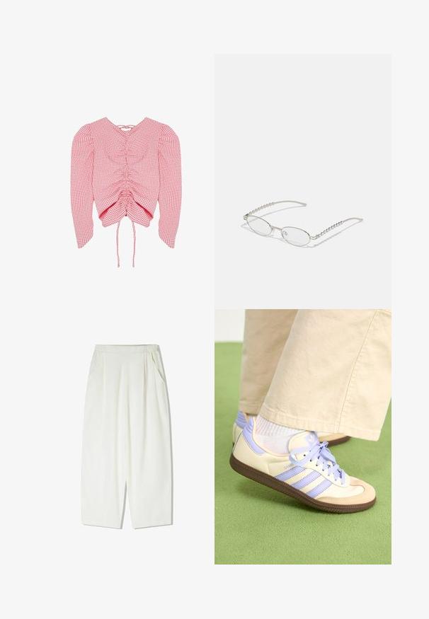 Blusa a maniche lunghe a quadretti rosa e bianchi con frontale arricciato e lacci regolabili all'orlo inferiore.; Pantaloni bianchi larghi, lunghi fino al ginocchio, realizzati in un tessuto leggero, con tasche laterali e un elastico arricciato in vita.; Sneakers crema e lavanda con tre strisce e suola marrone texturizzata, dotati di lacci e tallone imbottito. Parte superiore in tessuto morbido.; Occhiali ovali con una montatura in metallo argentato, lenti trasparenti e decorazioni sui templi in perline texturizzate. Design leggero con bracci curvi.