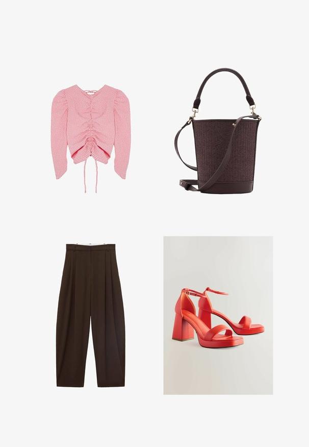 Bluză cu mânecă lungă din gingham roz și alb, cu partea din față plisată și șnururi ajustabile la tivul de jos.; Pantaloni maronii cu talie înaltă, cu pliuri, confecționați dintr-un material neted. Croi lejer, model cu picior drept, având bucle pentru curea și închidere cu fermoar.; Sandale roșii cu toc în bloc, având o curea lată pentru degete și o curea ajustabilă pentru glezne. Finisaj neted și lucios.; Geantă tip bucket împletită de culoare maronie, cu un fund din piele netedă, un mâner superior și o chingă ajustabilă pentru umăr. Prezintă accente din metal de culoare aurie.