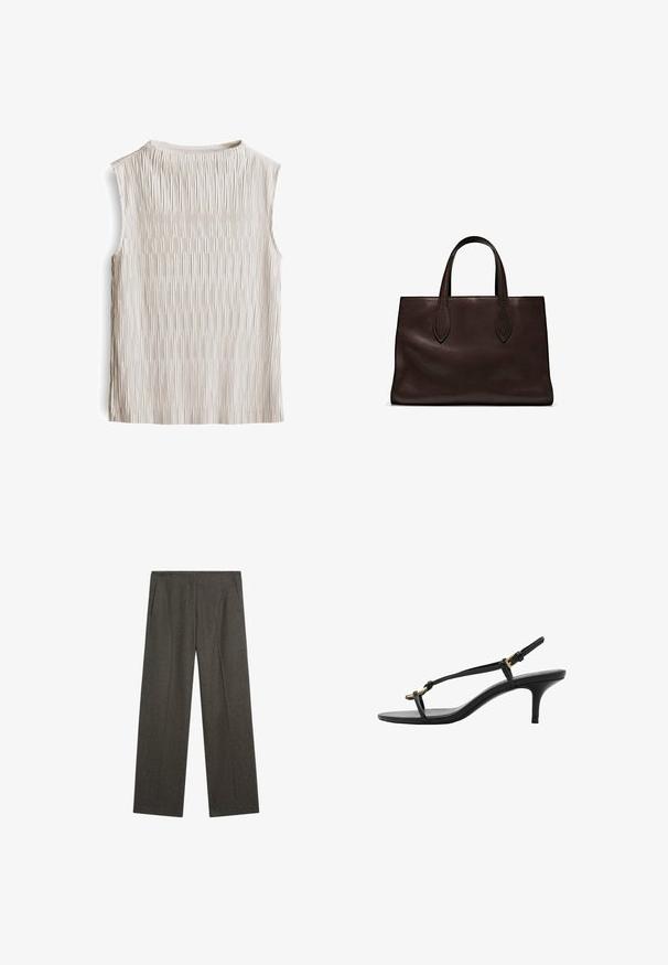 Mouwloos topje in lichtbeige met een gestructureerd ribdesign, met een ronde halslijn en rechte zoom, gemaakt van een zacht materiaal.; Donkergrijze, wijde broek gemaakt van een gestructureerde stof, met twee zijzakken en een nette frontplooi. Eenvoudig, passend ontwerp.; Zwarte leren kitten heel sandaal met dunne banden, gouden gesp en minimalistische teenlus op een witte achtergrond.; Bruine leren tote bag met twee verlengde handvatten, gestructureerde rechthoekige vorm, gladde textuur en subtiele stiksels.