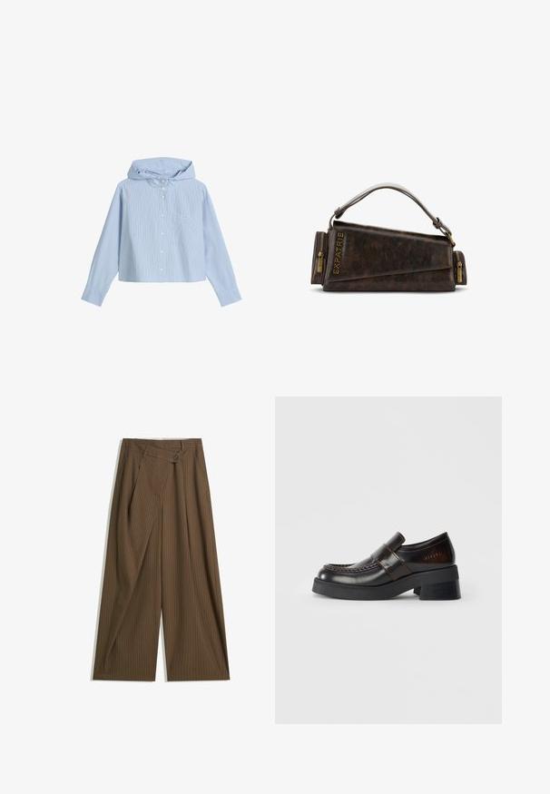 Camicetta corta con cappuccio, caratterizzata da strisce verticali blu chiaro e bianche, una tasca sul petto e maniche lunghe con polsini bottonati.; Pantaloni larghi marroni con sottili righe bianche, vita alta, chiusura frontale con bottone e pannello sovrapposto in stile avvolgente.; Mocassini in pelle marrone con tacco spesso nero, caratterizzati da un design cucito e una fascia sopra per un tocco di dettaglio in più.; Borsa a mano in pelle marrone con un design geometrico, caratterizzata da un manico superiore e dettagli in ottone sulla cerniera. Logo stampato a caldo sul lato.; Orologio Fossil dorato con quadrante off-white testurizzato, sottili indicatori delle ore e una corona. Presenta una cassa arrotondata con una lunetta rigata.