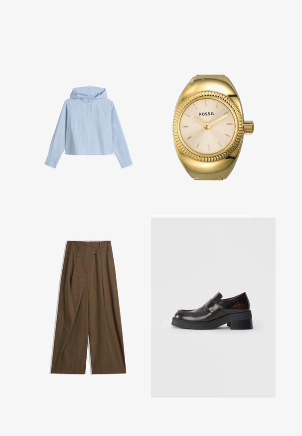 Cropped button-up shirt with a hood, featuring light blue and white vertical stripes, a chest pocket, and long sleeves with buttoned cuffs.; Brown wide-leg trousers with thin white pinstripes, high waist, front button closure, and wrap-style overlay panel.; Brown leather loafers with a chunky black heel, featuring a stitched design and a strap across the upper for added detail.; Gold-tone Fossil watch with a textured off-white dial, thin hour markers, and a crown. Features a rounded case with a ribbed bezel.