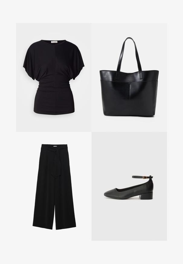 Černý top s krátkým rukávem, uvolněný střih, detaily na stažení v pase a hladkou texturou. Obsahuje kulatý výstřih a měkkou látku.; Černé kalhoty s širokými nohavicemi, vyrobené z texturované tkaniny, s elastickým pasem a odnímatelným páskem na úpravu velikosti.; Černé kožené lodičky s špičatou špičkou a nízkým blokovým podpatkem. Obsahují pásek kolem kotníku se zlatou sponou. Hladký povrch.; Černá kožená taška s dlouhými ušima, hladkým povrchem a strukturovaným tvarem. Obsahuje přední kapsu pro další úložný prostor.