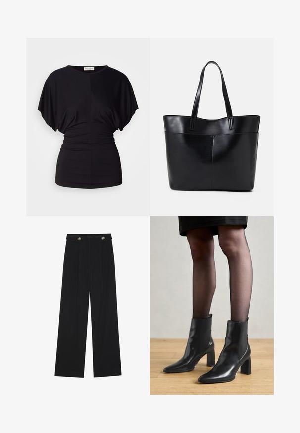 Svart kortermet topp med løs passform, samlet midje og jevn tekstur. Har rund hals og myk kvalitet.; Svart vide bukser med høy midje, knappdetaljer på midjebåndet og frontplisser.; Sorte ankelstøvler i skinn med spiss tå, chunky firkantet hæl, og slank design. Har elastiske sidede paneler for enkel påføring.; Svart lær toteveske med to lange håndtak, en glatt tekstur og en strukturert form. Har en frontlomme for ekstra oppbevaring.