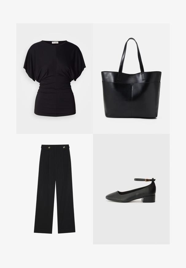 Top preto de mangas curtas com um corte descontraído, detalhe de cintura franzida e textura suave. Apresenta um decote redondo e tecido macio.; Calças largas pretas com cintura alta, detalhes em botão na cintura e pregas frontais.; Sandal de pele preta com bico pontiagudo e um salto bloco baixo. Apresenta uma tira no tornozelo com uma fivela em tom dourado. Textura suave.; Bolsa tote preta em couro com duas alças longas, textura suave e forma estruturada. Apresenta um bolso frontal para armazenamento adicional.