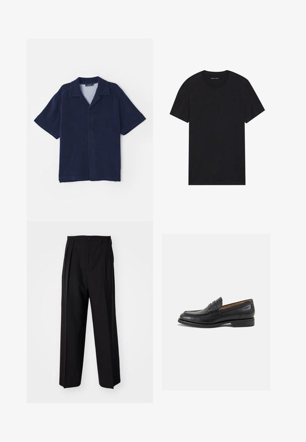 Marineblaues kurzärmliges Hemd aus weicher Stoffqualität. Besitzt einen umgeschlagenen Kragen und eine durchgeknöpfte Vorderseite. Glatte Textur ohne Muster.; Schwarzes Baumwoll-T-Shirt mit kurzen Ärmeln und rundem Ausschnitt. Der Stoff hat eine glatte Textur und ein einfaches, schlichtes Design.; Schwarze, plissierte Hose mit geradem, weitem Bein. Hergestellt aus glattem Stoff, mit Knopfverschluss und Gürtelschlaufen.; Schwarze Leder Slipper mit glatter Oberfläche, runder Spitze und dekorativer Naht auf dem Vorderblatt. Niedriger Blockabsatz und leichter Glanz.