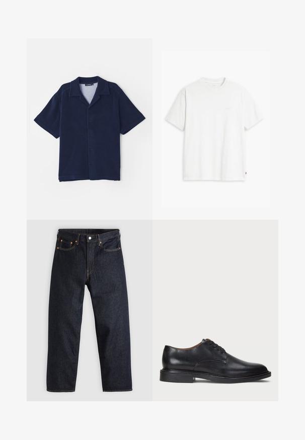 Marineblaues kurzärmliges Hemd aus weicher Stoffqualität. Besitzt einen umgeschlagenen Kragen und eine durchgeknöpfte Vorderseite. Glatte Textur ohne Muster.; Weißes Baumwoll-T-Shirt mit kurzen Ärmeln, rundem Ausschnitt und einem dezenten "Levi's"-Logo in heller Farbe auf der Vorderseite.; Dunkelblaue Jeans aus Denim mit geradem Schnitt, fünf Taschen, kontrastierenden orangen Nähten und einem Knopfverschluss. Keine sichtbaren Muster oder Verzierungen.; Schwarze Lederdressschuhe mit runder Zehenform, Schnürdesign und niedrigem gestapeltem Absatz. Glatte Textur mit minimalen Nähten.