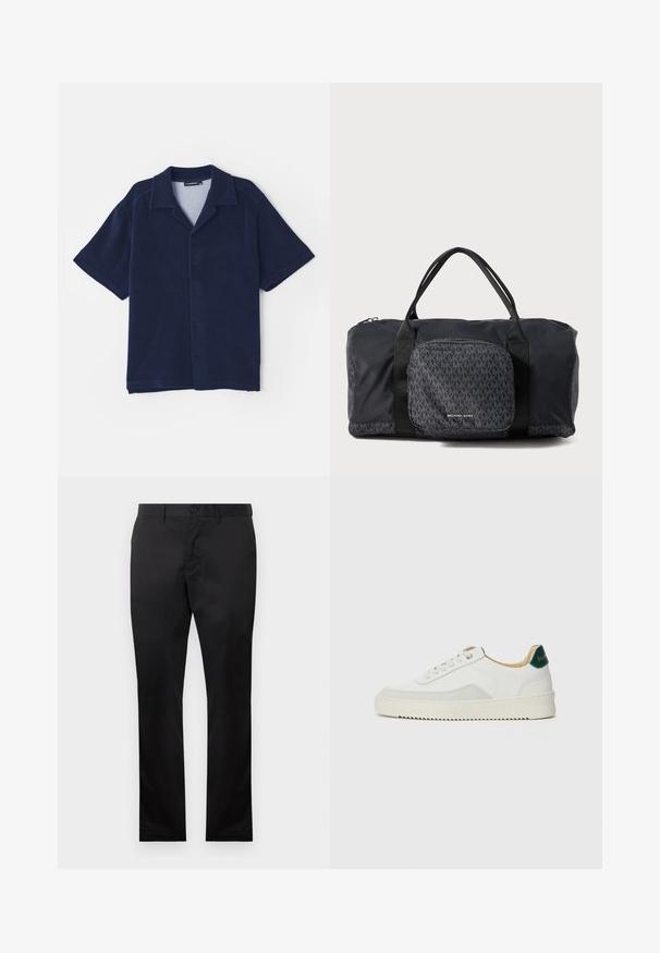 Granatowa koszula z krótkim rękawem, wykonana z miękkiego materiału. Posiada kołnierzyk z wykładanym brzegiem oraz zapięcie na guziki z przodu. Gładka faktura bez wzorów.; Czarne bawełniane spodnie o prostym kroju nogawki, z zapięciem na guzik z przodu i bocznymi kieszeniami, gładka faktura, bez widocznych wzorów.; Białe trampki z zamszowymi akcentami, zaokrąglony czubek, płaskie sznurowadła i kremowa gumowa podeszwa. Posiadają zielone logo na pięcie.; Czarna torba sportowa Michael Kors z podwójnymi uchwytami, przednia kieszeń na zamek z powtarzającym się wzorem logo MK i brandingiem Michael Kors.