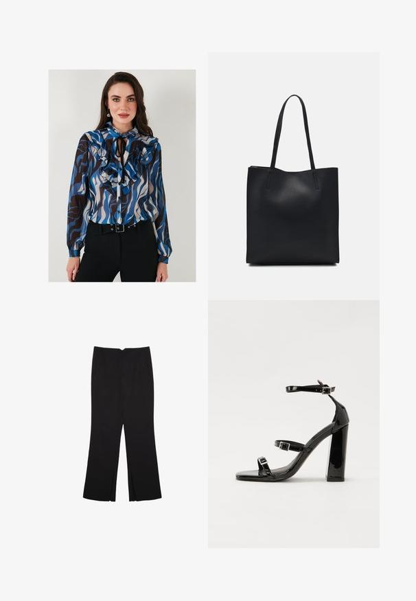 Halenka s dlouhým rukávem a volánkovými detaily v modrých, hnědých a krémových vlnitých vzorech. Obsahuje zapínání na knoflíky vpředu a krční šátek.; Černé kalhoty s rovným střihem, s předními kapsami a bočními rozparky na lemu. Vyrobené z jemné, hladké tkaniny. Vhodné na různé příležitosti.; Černé lakované sandály na podpatku se čtveratou špičkou, lýtkovými pásky a stříbrnými přezkami. Disponují masivním blokovým podpatkem pro stabilitu.; Černá kožená taška přes rameno s hladkým povrchem, obdélníkovým tvarem a dvěma dlouhými uchy. Žádné viditelné kování ani ozdoby.