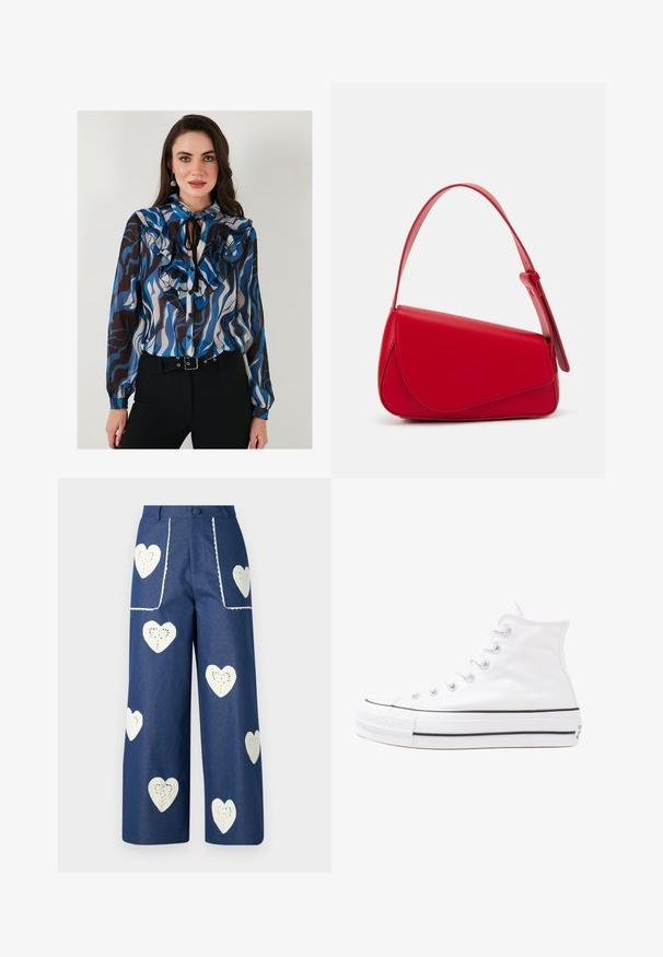 Ilga piedurkne blūze ar ruffled detaļām zilu, brūnu un krēmkrāsu viļņu rakstos. Iekļauj pogu aizdari priekšā un kakla saiti.; Sister Jane HEART TO HEART - Džinsi ar taisnām starām - blue denim; Balti augstie kanvas sporta apavi ar melnu gumijas zoli, priekšējo gumijas purngalu un sešām acīm lencēm, kuriem ir tīrs, minimālistisks dizains.; Sarkans ādas rokassomi ar stūrainu, ģeometrisku dizainu. Iekļauj vienu regulējamu siksnu un vāku ar izšūtu detaļu.