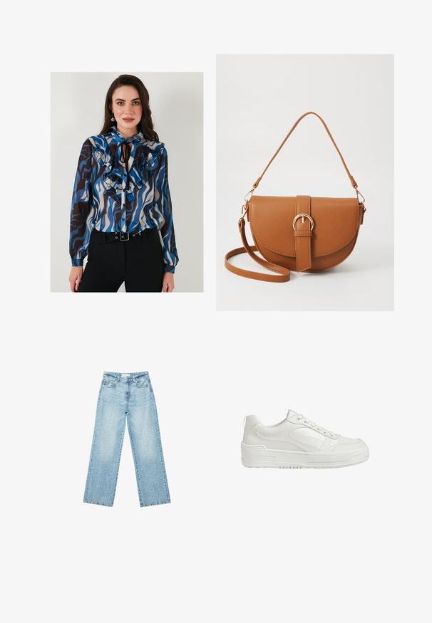 Halenka s dlouhým rukávem a volánkovými detaily v modrých, hnědých a krémových vlnitých vzorech. Obsahuje zapínání na knoflíky vpředu a krční šátek.; Světle modré džíny s širokými nohavicemi a vysokým pasem, s bledým odstínem a malými, rozptýlenými detaily opotřebení po celém povrchu.; Bílé kožené tenisky s hladkým povrchem, polstrovaným kotníkem a perforovanou špičkou. Mají mírně zvýšenou gumovou podrážku a šněrovací design.; Hnědá kožená křížová taška s zakřiveným tvarem, zlatými detaily a akcentem s přezkou. Obsahuje odnímatelný popruh na rameno.