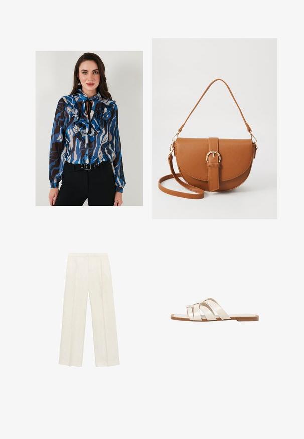 Halenka s dlhými rukávmi s volánovými detailmi v modrých, hnedých a krémových vlnových vzoroch. Obsahuje gombíkovú prednú časť a viazanie na krku.; Široké nohavice vo svetlej krémovej farbe. Vyrobené z hladkej látky s skladmi vpredu a bočnými vreckami.; Ploché sandále s hnedou gumovou podrážkou, navrhnuté s tromi prekrývajúcimi sa bielymi koženými popruhmi a malou mašličkou uprostred.; Hnedá kožená kabelka cez telo s zakriveným tvarom, zlatými kovovými doplnkami a akcentom s prackou. Obsahuje odnímateľný ramenný popruh.