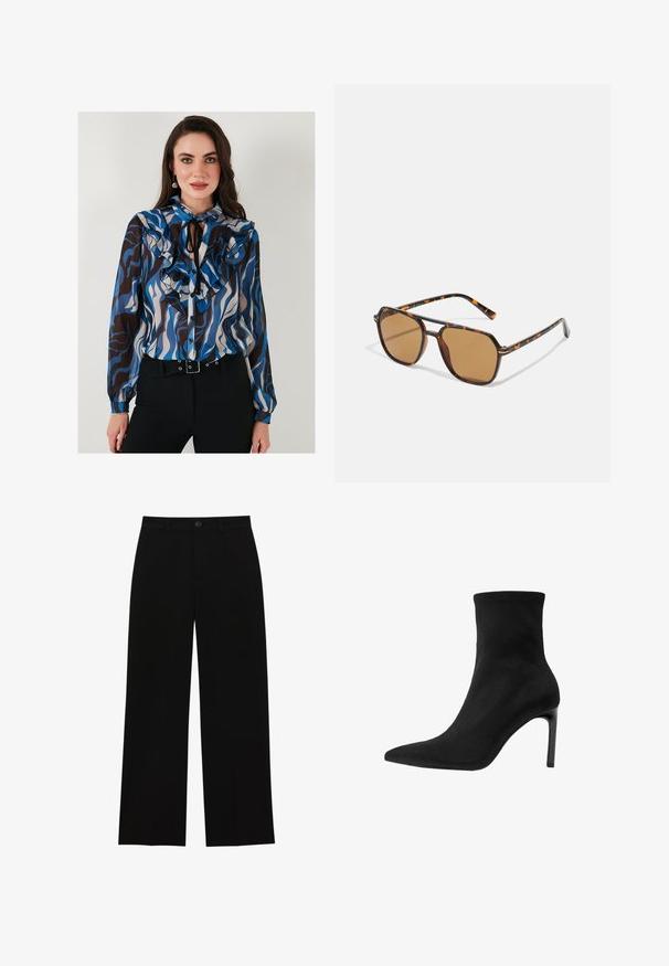 Long-sleeve blouse with ruffled details in blue, brown, and cream wave patterns. Features button-down front and a neck tie.; Black, high-waisted, wide-leg trousers made of a smooth fabric, featuring a flat front, button closure, and no visible pockets.; Black ankle boot made of smooth suede, featuring a pointed toe and a high stiletto heel. Sleek, minimalist design without embellishments.; Brown-tinted sunglasses with a tortoiseshell frame, rectangular lenses, and slender arms featuring an orange accent pattern.; Brown suede handbag with a gold square clasp, top handle, and chain strap. Features a rectangular shape and rounded edges.