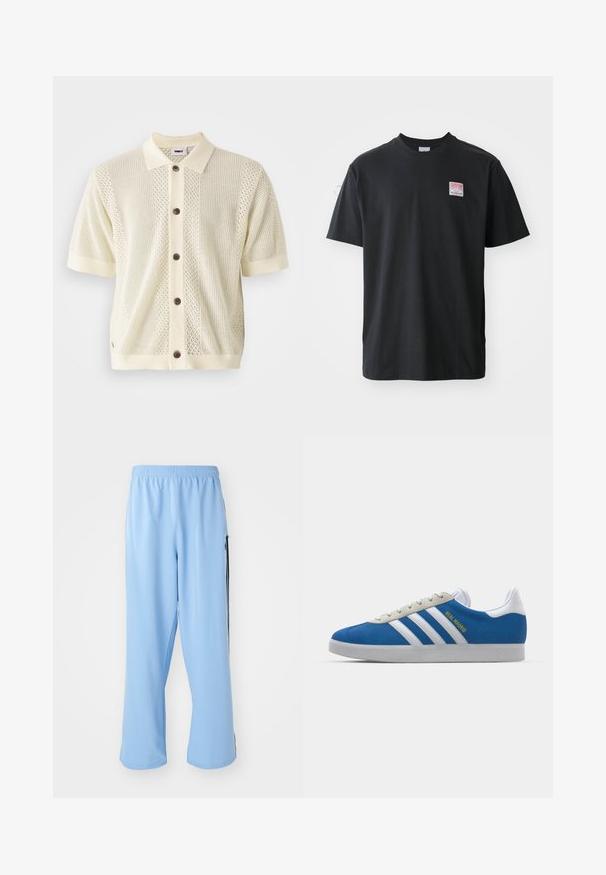 Kurtas piedurkņu adīta jaka gaiši dzeltenā krāsā ar kontrastējošu cieto apkakli, pieciem brūniem pogām un teksturētām rakstām uz priekšpuses.; Melna kokvilnas T-krekls ar apaļu kaklu, īsām piedurknēm un nelielu krāsainu etiķeti kreisajā krūtīs, kurā ir vārds "SUPERIOR".; Gaiši zili sporta bikses, izgatavotas no gludas auduma, ar elastīgu jostu un kontrastējošām melnām sānu svītrām.; adidas Originals ADIDAS GAZELLE SHOES - Futbola apavi iekštelpām - real madrid/bluebird/footwear white/crew yellow