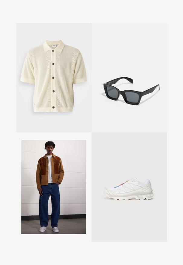 Kurtas piedurkņu adīta jaka gaiši dzeltenā krāsā ar kontrastējošu cieto apkakli, pieciem brūniem pogām un teksturētām rakstām uz priekšpuses.; Vīrietis stāv telpās, ģērbies brūnā korduroja jaciņā ar rūsas pleķiem, baltā T-kreklā, brīvās zilās džinsās un baltās sporta kurpēs.; Balti sporta apavi ar teksturētu sietu augšdaļu, atstarojošiem akcentiem un mīkstu zoli. Izteikts zīmola logotips sānos.; Melni taisnstūra saulesbrilles ar tumšiem stikliem. Plastmasas rāmis ar spīdīgu apdari, ar plašu tiltu un nedaudz sašaurinātām kājiņām.