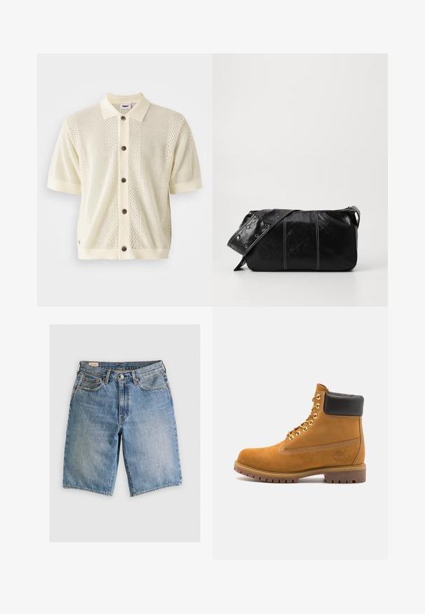 Cardigan a maniche corte in maglia giallo chiaro con colletto a contrasto, cinque bottoni marroni e motivi testurizzati sulla parte anteriore.; Shorts in denim azzurro chiaro con taglio classico. Presentano cinque tasche, dettagli di cucitura arancione e orli a taglio vivo.; Stivale alla caviglia in suede tan con collare imbottito nero, occhielli in metallo dorato, dettagli in cucitura bianca e suola in gomma robusta con battistrada pronunciato.; Borsa a spalla in pelle nera con chiusura a zip, caratterizzata da un corpo testurizzato, cuciture bianche e una tracolla con occhielli in argento.