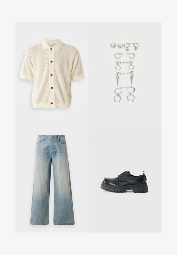 Kurtas piedurkņu adīta jaka gaiši dzeltenā krāsā ar kontrastējošu cieto apkakli, pieciem brūniem pogām un teksturētām rakstām uz priekšpuses.; Gaiši zili platās kājas džinsi, izgatavoti no džinsa auduma. Iespējas ietver augstu jostasvietu, pogu aizdari un nelielu izbalēšanu ar gludu tekstūru un izšūtām šuvēm.; Melnas masīvas ādas kurpes ar auklēm, biezs, raupjš zole un metāla acs kontaktligzdas uz pirkstu zonas, fotografētas uz vienkārša gaiša fona.; Sudraba auskaru komplekts ar dažādiem dizainiem: riņķi, studē un karājoši stili, ar bumbu akcentiem un izliektiem elementiem.