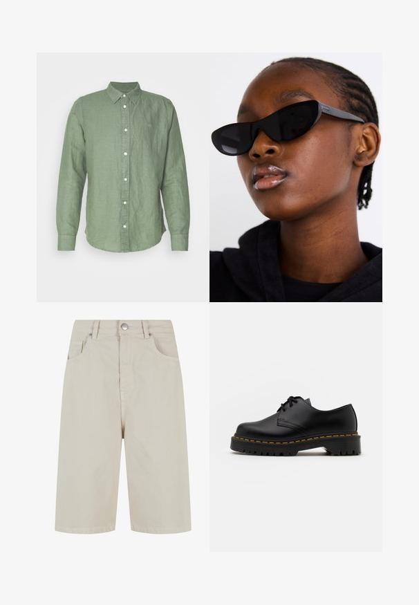 Zielona koszula z długim rękawem, wykonana z lekkiego materiału, z zapięciem na guziki, wskazującym kołnierzykiem oraz subtelnym haftowanym logo na piersi.; Beżowe szorty z denimu o prostym kroju, z zapięciem na guzik z przodu i czterema kieszeniami. Materiał ma gładką fakturę i minimalne detale w szwie.; Czarne skórzane buty na sznurówki z zaokrąglonym noskiem, teksturowaną gumową podeszwą i żółtym przeszyciem wokół podstawy. Płaski design i gładkie wykończenie.; Czarne okulary przeciwsłoneczne w stylu cat-eye z matowym wykończeniem, charakteryzujące się eleganckim designem i delikatnie zaokrąglonymi krawędziami, na tle ciemnego ubrania modelki.; Zestaw siedmiu srebrnych pierścionków o różnych wzorach, w tym skręconych, połączonych i grawerowanych. Różne kształty i szerokości.