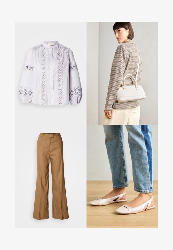 Hvit bluse med høy hals, knappelukking og puffede ermer. Har intrikate blondepaneler med runde mønstre langs forsiden og ermene.; Brune vide benbukser laget av lett materiale. Har flat front, beltehemper og en skreddersydd silhuett med ankel-lengde.; Lys rosa slingback leiligheter med spiss tå, laget av et glatt, læraktig materiale. Har utskjæringer på sidene og lav hæl.; Hvit strukturert håndveske med korte håndtak og skulderreim, med detaljer i gullfinish og teksturert materiale, vist mot en grå bakgrunn.