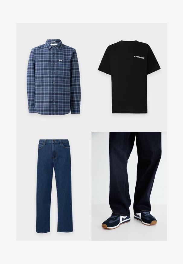 Camisa de botão de padrão xadrez em azul marinho, feita de tecido trançado, com colarinho clássico, mangas longas e punhos com três botões.; T-shirt preta de algodão com mangas curtas, decote redondo e logótipo branco "Carhartt" no peito esquerdo. Textura suave, design minimalista.; Jeans de denim azul escuro, de perna reta, com bolsos frontais e fecho de botão, exibidos sobre um fundo branco liso.; Tênis atléticos em azul marinho e branco com um upper texturizado, cadarços e sola de borracha, combinados com calças de ganga escuras com costuras laranja.