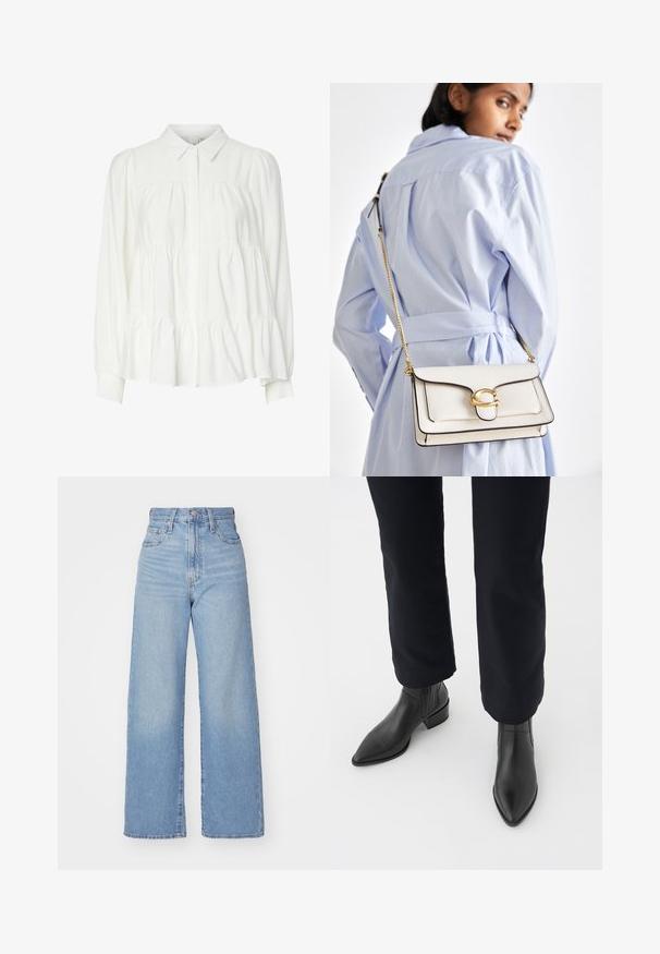 Balta pogu krekli ar apkakli, garām pūkainām piedurknēm un pakāpenisku rūtu apakšmalu. Izgatavots no mīksta, viegla auduma ar gludu tekstūru.; Gaiši zili augstās jostas vidukļa platās bikses ar priekšējo pogu un rāvējslēdzēju, priekšējām un aizmugurējām kabatām uz baltā fona.; Melni ādas potīšu zābaki ar norādītu purngalu, blokveida papēdi un teksturētām sānu daļām, valkāti ar tumšām biksēm uz balta fona.; Balta ādas rokas soma ar zelta furnitūru, priekšējo vāciņu un melniem maliņām, ar ķēdes siksnu, kas valkāta pāri ķermenim pretī gaiši zilai krekliņam.