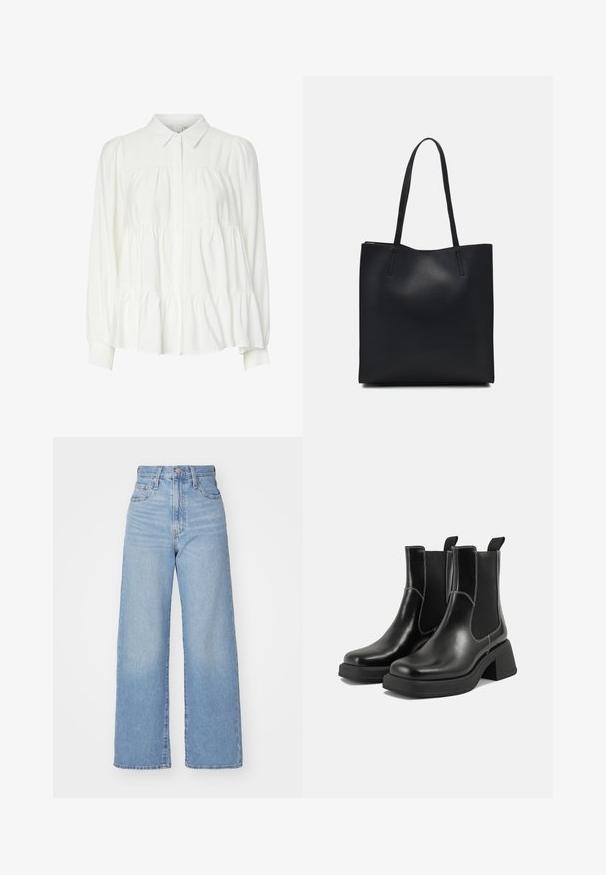 Camicia bianca con colletto, maniche lunghe a sbuffo e orlo a strati con volant. Realizzata in un tessuto morbido e leggero dal tocco liscio.; Jeans a vita alta blu chiaro con gamba larga, chiusura frontale con bottone e zip, tasche anteriori e posteriori, su uno sfondo bianco.; Stivali Chelsea in pelle nera con tacco spesso, pannelli elasticizzati sui lati e cuciture bianche a contrasto. Finitura testurizzata.; Borsa tote in pelle nera con texture liscia, forma rettangolare e due manici lunghi. Nessun hardware o decorazione visibile.