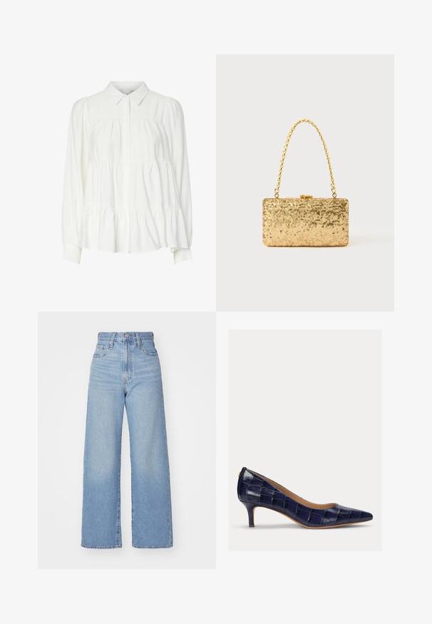 Witte blouse met knoopsluiting en kraag, lange pofmouwen en een gelaagde ruffelzoom. Gemaakt van zachte, lichtgewicht stof met een gladde textuur.; Lichtblauwe high-waist wijde jeans met een knoop- en ritssluiting aan de voorkant, voor- en achterzakken, op een witte achtergrond.; Navyblauwe, glanzende leren hoge hak met een spitse neus en een kleine, slanke hak. Beschikt over een gewatteerde textuur en geen zichtbare hardware-accenten.; Gouden pailletten clutch in rechthoekige vorm, met een gedraaide kettinghandvat en een metalen sluiting, die het licht reflecteert met een gestructureerde afwerking.