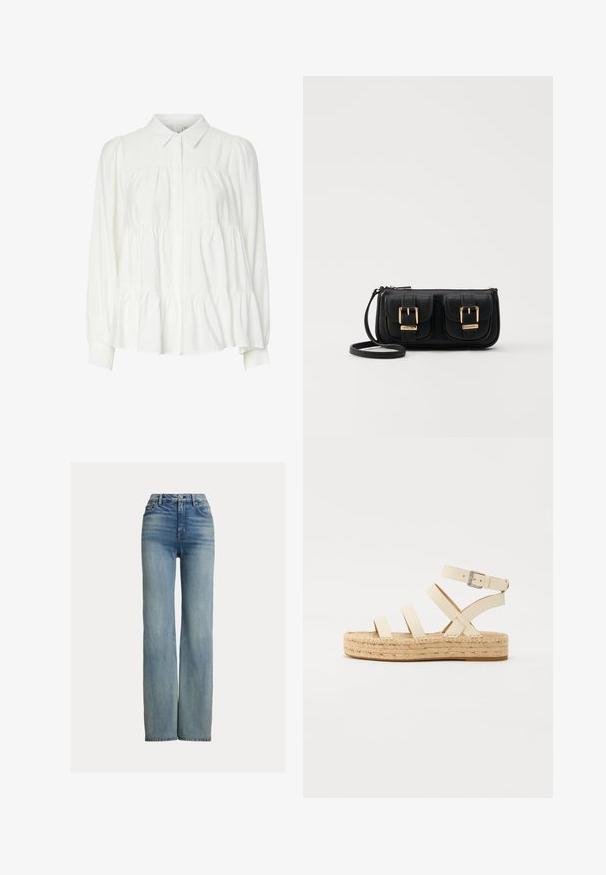 Bela bluza s gumbi na zapenjanju s ovratnikom, dolgimi pufastimi rokavi in večplastnim naboranim robom. Narejena iz mehke, lahke tkanine z gladko teksturo.; Modra kavbojka z visokim pasom in ravnimi nogavicami, z sprednjimi žepi, zankami za pas in gumbnim zapiranjem, z blagim postaranim detajlom.; Svetlo bež usnjene espadrile s štirimi križnimi trakovi in paščkom okoli gležnja, ki imajo pleteni jute podplat ter raven gumijast dno.; Črna usnjena torbica čez ramo z dvema sprednjima žepoma, zlatimi zaponkami, zadrgo in ozkim pasom. Tekstura površine je strukturirana, obliko pa ima kompaktno pravokotno.