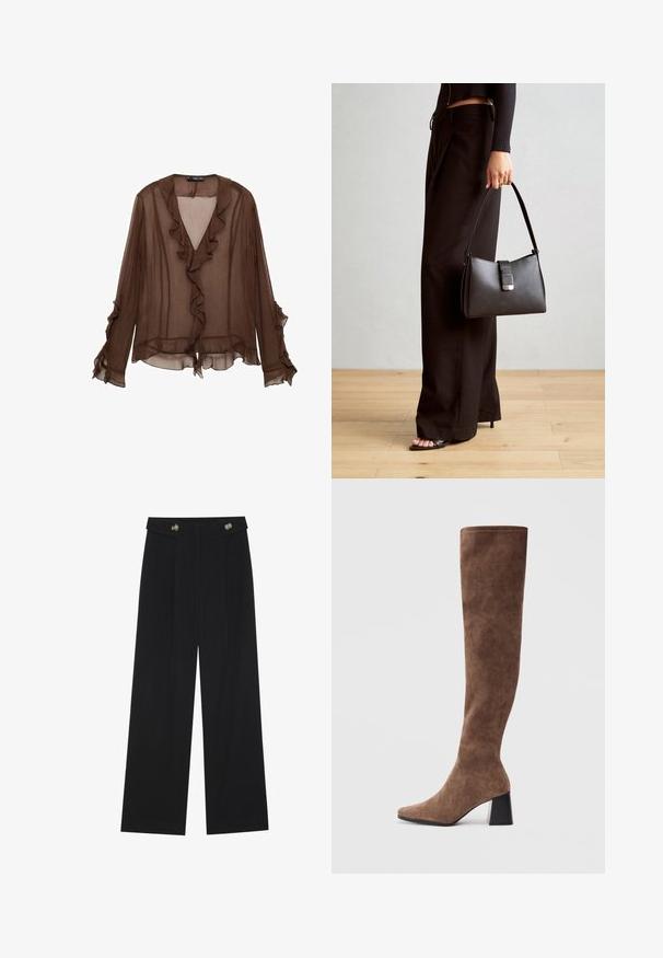 Mango CLAIRE - Blusa - brown; Pantalones de pierna ancha negros con cintura alta, detalles de botones en la cinturilla y pliegues en la parte delantera.; Botas marrones por encima de la rodilla hechas de suave ante con punta afilada y un chunky tacón negro. El diseño presenta costuras sin fisuras para un aspecto elegante.; Bolso negro con forma estructurada, textura suave y un cierre metálico. Combinado con pantalones anchos negros y sandalias de dedo en un suelo de madera.