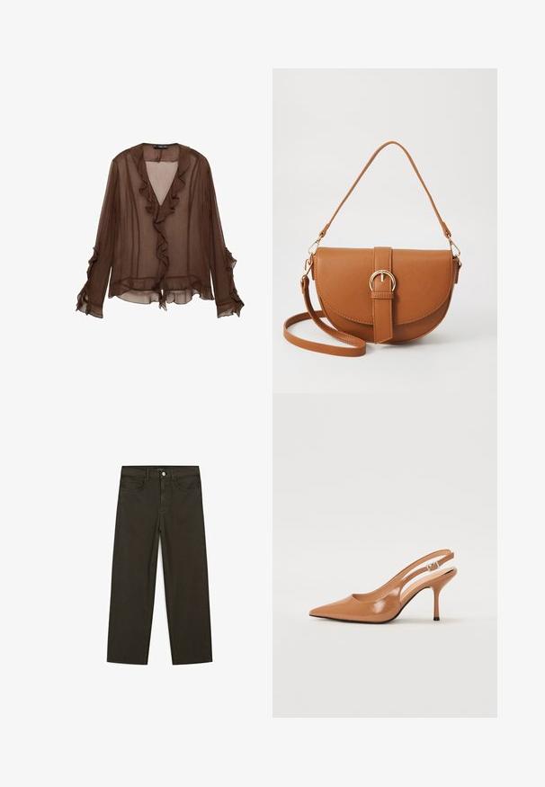 Mango CLAIRE - Blouse - brown; Donkergroene wijde jeans van een katoenmix, met een sluiting met een voorste knop, vijf zakken en klassieke denimstiksels.; Puntige slingback hak in een glad, glanzend beige materiaal. Bevat een gebogen uitsnijdontwerp en een slanke stiletto hak. Zilveren gesp detail.; Bruine leren schoudertas met een gebogen vorm, gouden hardware en een gespaccent. Bevat een afneembare schouderriem.