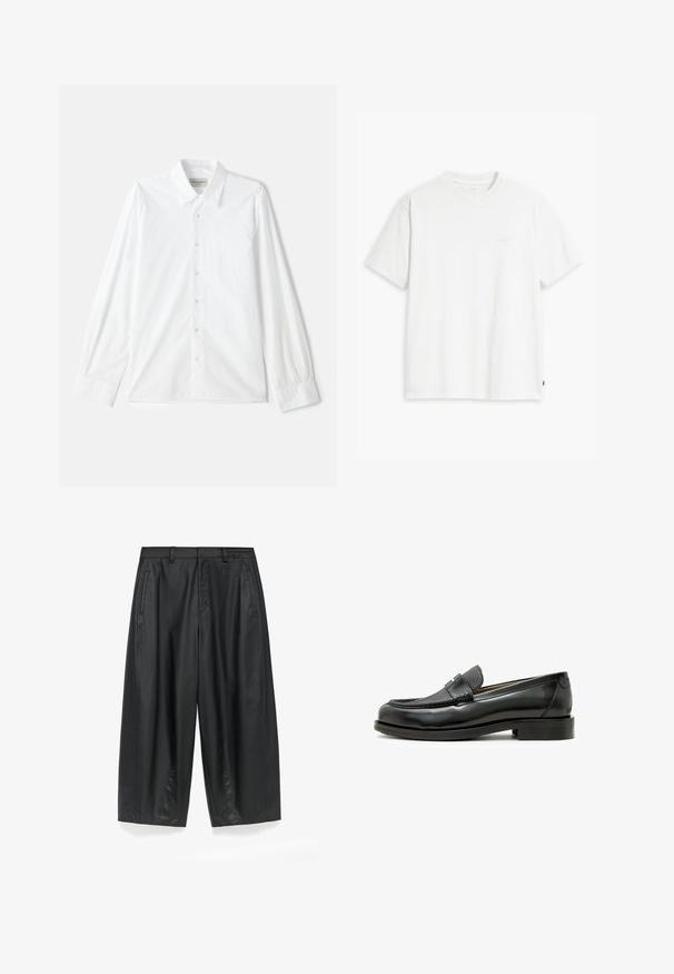 Weißes Langarm-Hemd mit Knopfleiste, klassischem Kragen und Knopfverschluss, aus strukturiertem Baumwollstoff mit gestickten Details an den Ärmeln.; Weißes Baumwoll-T-Shirt mit kurzen Ärmeln, Rundhalsausschnitt und dezentem Levi's-Logo in der Mitte. Weicher Stoff und normale Passform.; Schwarze, weit geschnittene Hosen aus einem glatten, matten Stoff. Verfügt über einen maßgeschneiderten Bund, Vorderfalten und Seitentaschen.; Schwarzer Lederloafer mit strukturiertem schwarzen Lederakzent, abgerundeter Zehenform und niedrigem Blockabsatz; verfügt über ein dekoratives metallisches Detail.