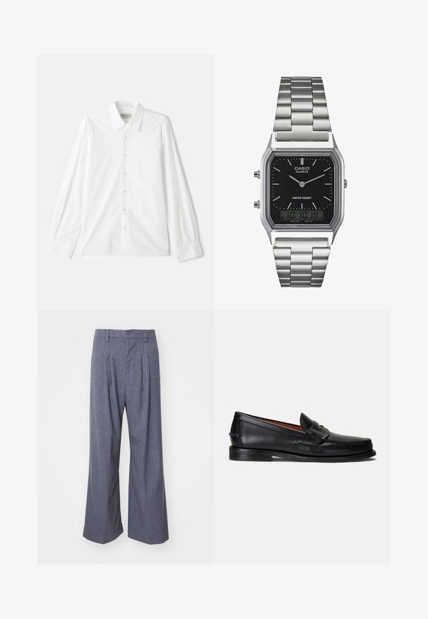 Biała koszula z długim rękawem i zapięciem na guziki, z klasycznym kołnierzykiem, wykonana z teksturowanej bawełny z przeszyciami na rękawach.; Biała bawełniana koszulka z krótkim rękawem, okrągłym dekoltem i dyskretnym logo Levi's nadrukowanym na środku. Miękka tekstura i standardowy krój.; Szare spodnie w prążki o szerokim kroju, z zakładkami z przodu i gładką fakturą. Brak widocznych elementów metalowych lub akcentów.; Czarne skórzane mokasyny z gładkim wykończeniem, zaokrąglonym noskiem i ozdobnym paskiem na cholewce. Posiadają niską czarną podeszwę.; Srebrny zegarek kwarcowy ze stali nierdzewnej z czarną prostokątną tarczą, wyposażony w analogowe wskazówki, wyświetlacz cyfrowy oraz oznaczenie odporności na wodę.