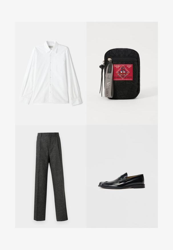 Bijela košulja dugih rukava s gumbima, koja sadrži klasičan ovratnik i kopčanje na gumbe, izrađena od teksturirane pamuka s ušivenim detaljima na rukavima.; Sive prilagođene hlače od teksturiranog materijala, s dva prednja nabora i ravnim krojem. Nema vidljivih džepova ili ukrasa.; Crne kožne mokasine s glatkom završnom obradom, zaobljenim vrhom, dekorativnim šavovima i niskim uloškom. Nema vidljivog brendiranja.; Crna torbica od teksturirane tkanine, s crvenim aplikacijom s logotipom, zatvaranjem na zip i sivim remenom s utisnutim imenom branda.