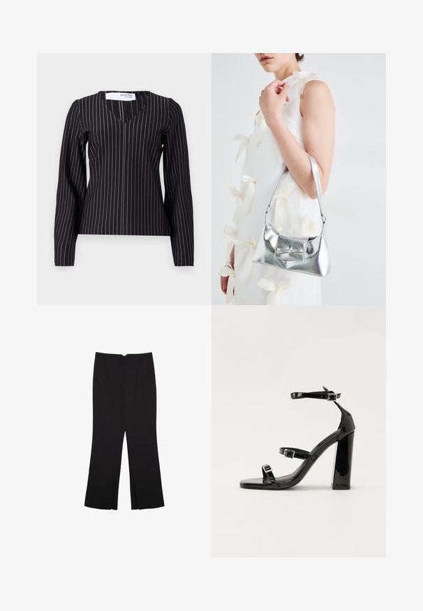 Schwarzes Langarmoberteil mit V-Ausschnitt, das vertikale Nadelstreifen in Weiß und Hellgrau aufweist. Hergestellt aus einem glatten, figurbetonten Stoff.; Schwarze Hose mit geradem Schnitt, ausgestattet mit Fronttaschen und Seitenschlitzen am Saum. Hergestellt aus weichem, glattem Stoff. Geeignet für verschiedene Anlässe.; Schwarze patentierte Sandalen mit Absatz, quadratischer Spitze, Knöchelriemen und silbernen Schnallen. Mit einem stabilen Blockabsatz für mehr Stabilität.; Silberne metallische Handtasche mit strukturierter Form, ausgestattet mit einem oberen Griff und einer Schleifenapplikation auf der Vorderseite. Glatte Textur, reflektierendes Finish.