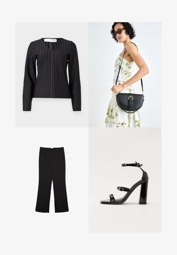 Čierny dlhý rukáv s V-výstrihom, s vertikálnymi pásikmi v bielej a svetlo šedej farbe. Vyrobený z hladkej, priliehajúcej látky.; Čierne nohavice so strihom rovného strihu, s prednými vreckami a bočnými rozparkami na leme. Vyrobené z mäkkej, hladkej tkaniny. Vhodné na rôzne príležitosti.; Čierne lakované sandále na podpätku so štvorcovou špičkou, navlečenými remienkami okolo členku a striebornými prackami. Disponujú masívnym blokovým podpätkom pre stabilitu.; Čierna kožená kabelka s zaobleným tvarom, odnímateľným popruhom a zlatými doplnkami. Kabelka má klopu s detailom s prackou.