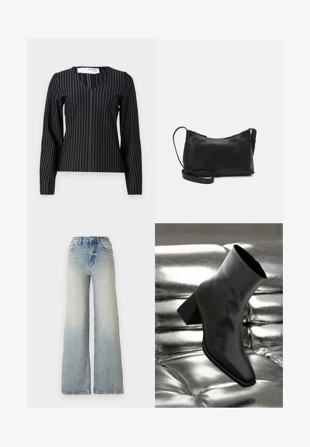 Black long-sleeve top with a V-neck, featuring vertical pinstripes in white and light gray. Made from a smooth, fitted fabric.; Light blue wide-leg jeans made of denim, featuring a high waist, five pockets, and visible stitching along the seams.; Black ankle boot made of glossy material with a square toe and tapered heel, set against a shiny silver tufted background.; Black leather shoulder bag with a smooth texture, curved shape, adjustable strap, and a zip closure. Minimalist design without embellishments.