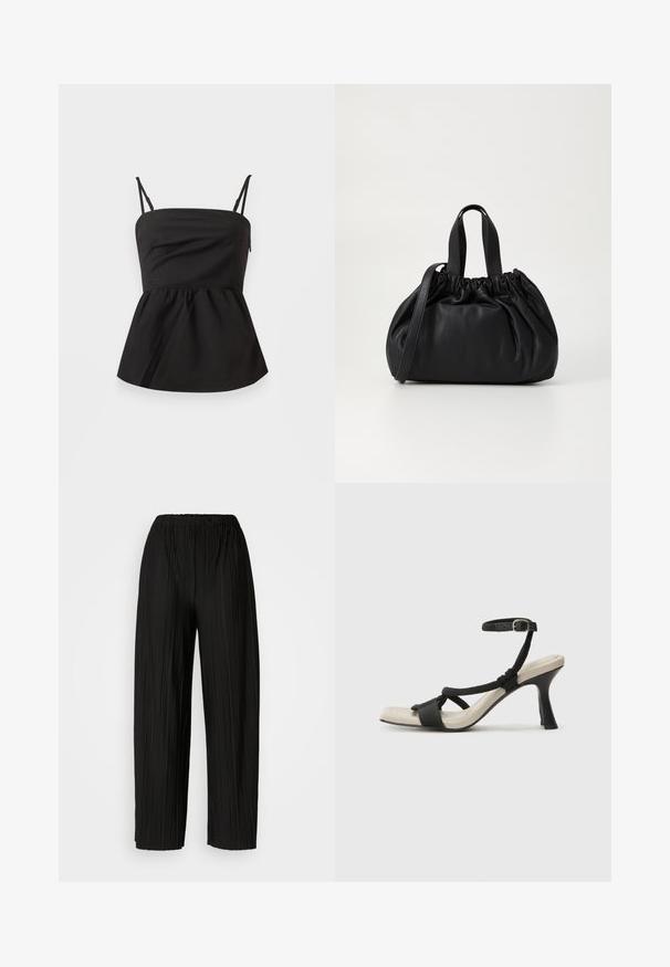 Black peplum top with adjustable spaghetti straps, smooth texture, fitted bodice, flared bottom, and no visible hardware.; Black pleated wide-leg pants with an elastic waistband. The fabric features vertical pleats and a smooth texture.; Black heeled sandal with braided strap design, square toe, and adjustable ankle strap. Light beige footbed with a glossy black heel.; Black leather handbag with a gathered top design, featuring two short handles and a long adjustable strap. Smooth texture, rounded shape.