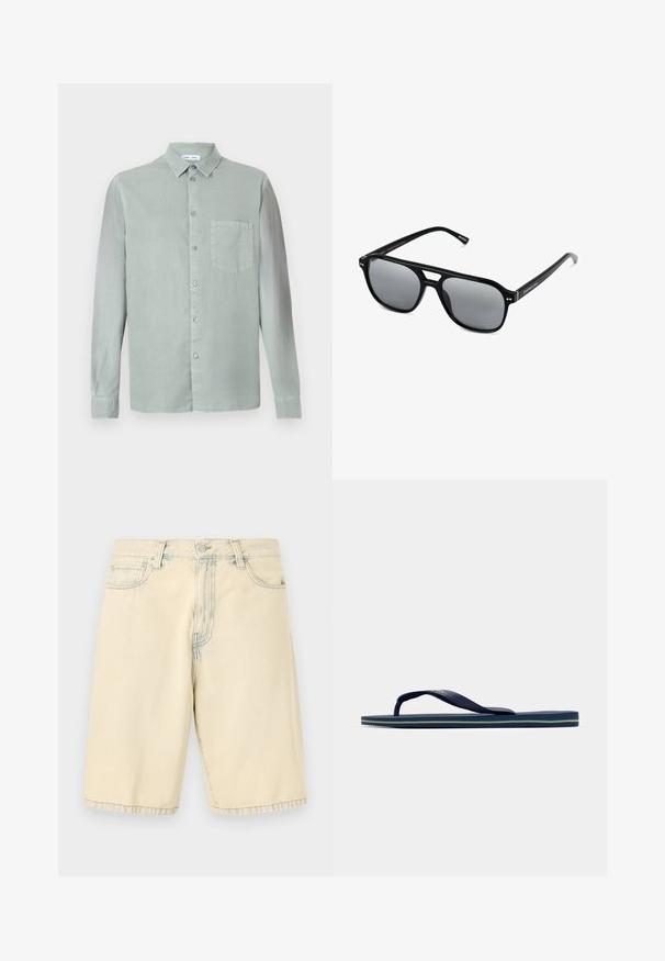 Camisa de manga larga verde claro con cuello abotonado, bolsillo frontal y una tela ligeramente texturizada. Presenta botones a juego.; Camisetas sin mangas de algodón blanco, diseño sin mangas, cuello redondo, textura lisa, con un tejido suave y ligero. Se presentan dos piezas.; Pantalones cortos de mezclilla beige con corte recto, cinco bolsillos y passadores para cinturón. Presentan un aspecto ligeramente desgastado con detalles de costura.; Chancla de caucho azul marino con correas de goma texturizadas, plantilla moldeada y detalles en verde en la media suela. Suela plana, diseño casual.; Gafas de sol negras con montura rectangular, lentes ahumados grises y diseño con corte en el puente. Material plástico brillante y elegante, con varillas estrechas.