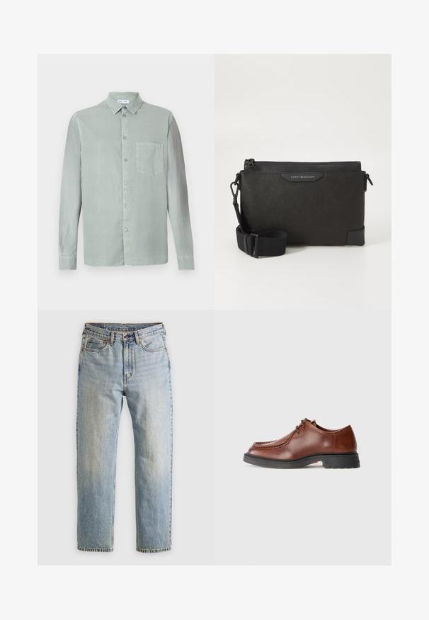 Camicia a maniche lunghe verde chiaro con colletto a bottoni, taschino frontale e un tessuto leggermente testurizzato. Presenta bottoni abbinati.; Jeans in denim azzurro chiaro con vita alta, bottone anteriore, cerniera e design a cinque tasche, adagiati su uno sfondo neutro.; Scarpa da dress in pelle marrone con punta rotonda, cuciture a contrasto, design con lacci e suola in gomma nera texture.; Borsa a tracolla in pelle nera con finitura testurizzata, dotata di chiusura a zip e tracolla regolabile. Fodera con logo sul davanti. Forma rettangolare.