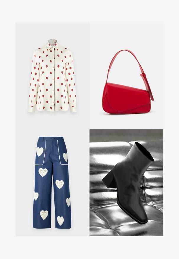 Bela srajca z gumbi, ki prikazuje vzorec jagod v rdeči barvi. Dolgi rokavi, klasičen ovratnik in gladka tkanina z mehakim okvirjem.; Sister Jane HEART TO HEART - Ravne kavbojke - blue denim; Črne gležnjarje iz sijočega materiala s kvadratnim prstom in zoženim peto, postavljene na sijoče srebrno oblazinjeno ozadje.; Rdeča usnjena torba z angularnim, geometrijskim dizajnom. Ima en samostoječ nastavljiv ročaj in pokrov, zaprt z zapiranjem, ki je okrašen s šivi.