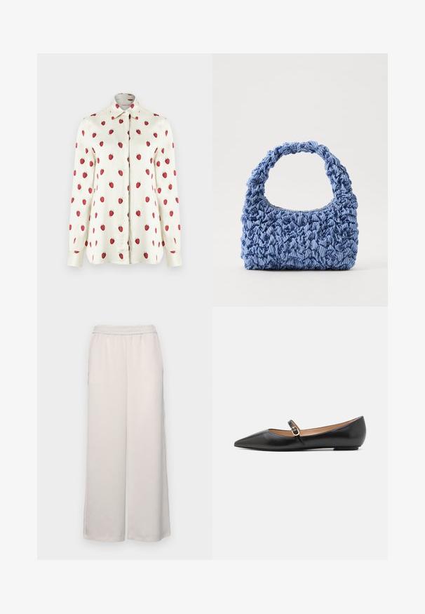 Valge nööbiga särk, millel on punase värvi maasika muster. Pikkade varrukatega, klassikalise kraega ja sileda kangaga, millel on pehme tekstuur.; Heledad beežid laiad püksid, millel on elastne vöökoht. Sile materjal, täispikkus, ei ole nähtavaid kaunistusi ega mustreid.; Musthave mustanahkased balletkingad terava varbaga ja külgrihmaga, millel on ümmargune kuldne aksessuaar. Kerged ja tasase tallaga.; Sinine kangast käekott, millel on volditud tekstuur ja paks, laineline sang. Omab kergeid triibumustreid kogu ulatuses. Kompaktne ristkülikukujuline kuju.