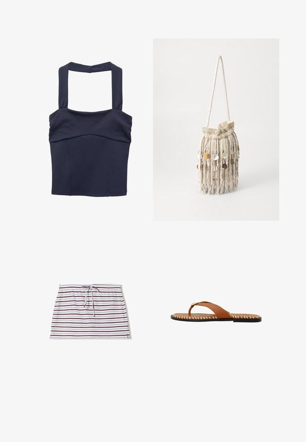 Marineblauwe crop top met brede banden en een gladde textuur; beschikt over een nauwsluitend lijfje en subtiele plooien bij de buste.; Gestreepte pull-on rok met een trekkoord in de tailleband, gemaakt van zachte stof. Kleuren zijn onder andere wit, bordeaux en lichtblauwe strepen.; Bruine leren teenslippers met gekruiste banden, een gouden accent en een gestreepte, Textuur scheen. Kenmerkt een platte zwarte zool voor comfort.; Fringe handtas met een geweven lichaam in beige en crème, met hangende decoratieve accenten en een schouderriem. Elegante, textuur-rijke ontwerp.