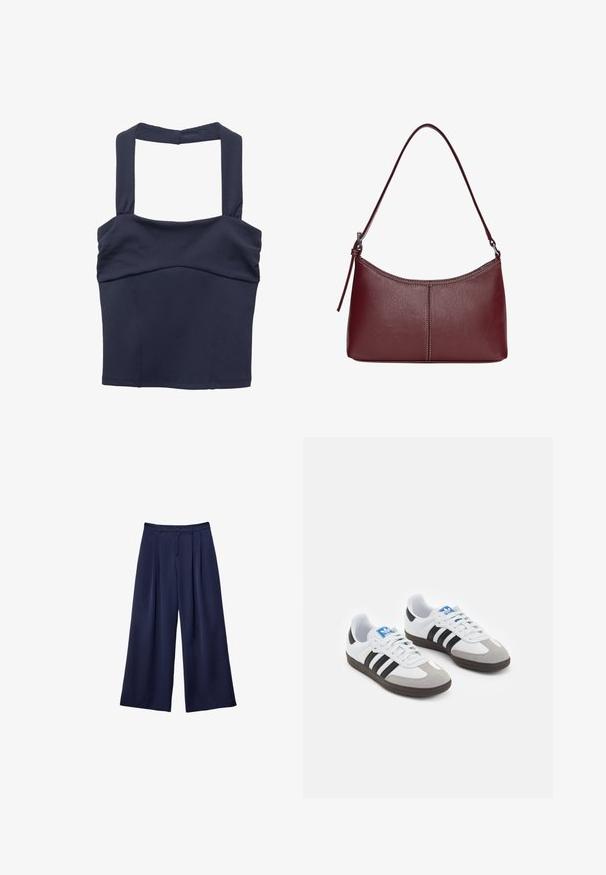 Temno moderna skrajšana majica z debelimi naramnicami in gladko teksturo; ima prilegajoč se del telesa in subtilno nabiranje na prsi.; Mornarsko modri široki hlače z naborki, gumbi v pasu in zankami za pas, prikazane na ravni beli ozadju.; Športni čevlji z belim usnjenim zgornjim delom, sivim semišem na prstih in tremi črnimi črtami. Imajo modro logo na jeziku in teksturiran gumijast podplat.; Bordo usnjeni ročni torbici s ukrivljeno obliko, enim ramenskim trakom in šivanjem na sredini. Gladka tekstura, minimum kovinskih dodatkov.