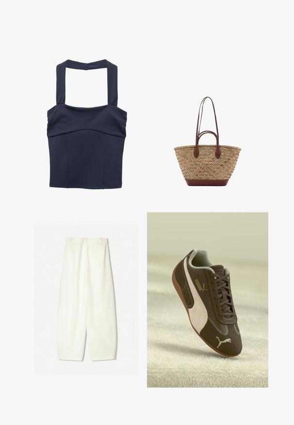 Granatowy krótki top z grubymi ramiączkami i gładką fakturą; ma dopasowaną górę i subtelne marszczenie w okolicy biustu.; Szerokie spodnie w miękkim kremowym materiale, z gładką teksturą, przednimi kieszeniami oraz luźnym krojem z średnim stanem.; Brązowe sneakersy Puma z beżowym paskiem i logo, sznurowane, spoczywające na teksturowanej beżowej powierzchni.; Spleciona torba z trawy z plecionym wzorem, ciemnobrązowe skórzane uchwyty i podstawa, szeroki okrągły kształt oraz otwarty projekt.
