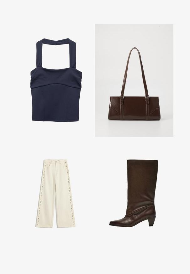Marineblaues Crop-Top mit breiten Trägern und glatter Textur; verfügt über ein eng anliegendes Oberteil und subtile Raffung an der Brust.; Helle cremefarbene weit geschnittene Jeans mit Metallnieten entlang der äußeren Nähte, fünf Taschen und einem normalen Knopfverschluss.; Dunkelbraune Lederstiefel bis zur Mitte der Wade mit niedrigem Blockabsatz, spitzem Schuh sowie leicht schlaffem Schaft vor einem weißen Hintergrund.; Braune Lackleder-Handtasche in rechteckiger Form, mit zwei langen Griffen und subtilen, geschwungenen Akzenten auf der Vorderseite.