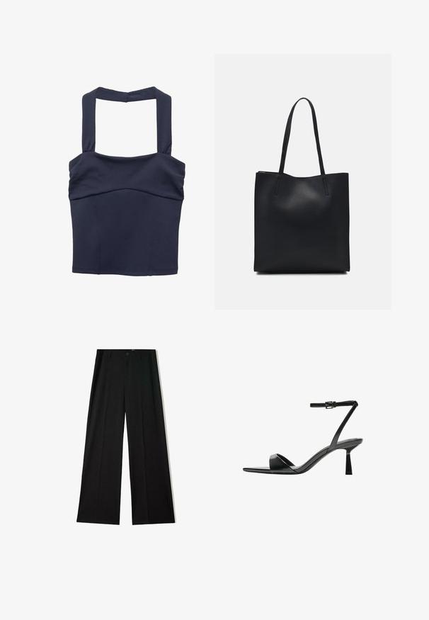 Top scurt de culoare bleu marin, cu bretele groase și o textură netedă; prezintă un corset ajustat și cute subtile la nivelul bustului.; Pantaloni negri, cu croială largă, dintr-un material neted, având pliseuri frontale și închidere cu nasture. Concepuți pentru un fit relaxat și un aspect formal.; Bershka Sandale cu toc - black; Geantă tote neagră din piele, cu textură netedă, formă rectangulară și două mânere lungi. Fără hardware vizibil sau ornamente.