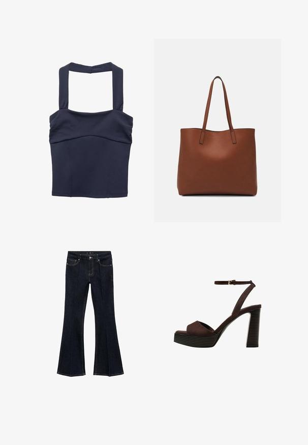 Námornícky modrý skrátený top s hrubými ramienkami a hladkou textúrou; má priliehavú trupovú časť a jemné riasenie pri dekolte.; Tmavomodré džínsy s vysokým pásom, prednými vreckami a rozšírenými nohavicami, vystavené na bielom pozadí.; Hnedé semišové sandále na vysokom podpätku s otvorenou špičkou, nastaviteľným členkovým remienkom a pruhovanou platformovou podrážkou.; Hnedá kožená taška na rameno s hladkou textúrou, otvoreným vrchom a dvoma ramenými popruhmi. Má minimálne šitia a žiadne viditeľné kovania.