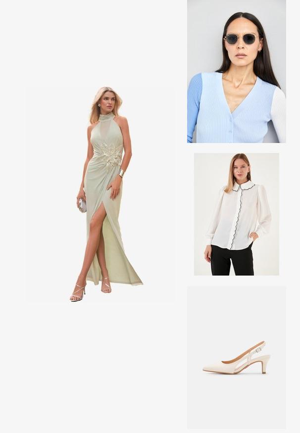 Biela blúzka s vlnitým golierom, s čiernym lemovaním a gombíkovým zapínaním vpredu. Dlhé rukávy s elastickými manžetami, vyrobená z priesvitného materiálu.; Mäta zelené šaty s halter krkom, s sieťovinovým detailom, zdobené kvetinovým dizajnom, vysokým rozparkom a prúdnou látkou, doplnené striebornými doplnkami.; Biele slingback topánky na podpätku s ostrou špičkou, hladkým vrchným materiálom, nízkym blokovým podpätkom a bočným výrezom s nastaviteľným remienkom na pracku.; Okrúhle slnečné okuliare s tmavými šošovkami a zlatým rámom. Modelka má na sebe svetlomodrý pletený kardigán s gombíkmi a bielymi rukávmi v kontraste.; Michael Kors zápästná taška v béžovej potiahnutej plátenej tkanine s opakujúcim sa vzorom loga MK, zlatým kovania a odnímateľným reťazovým popruhom.