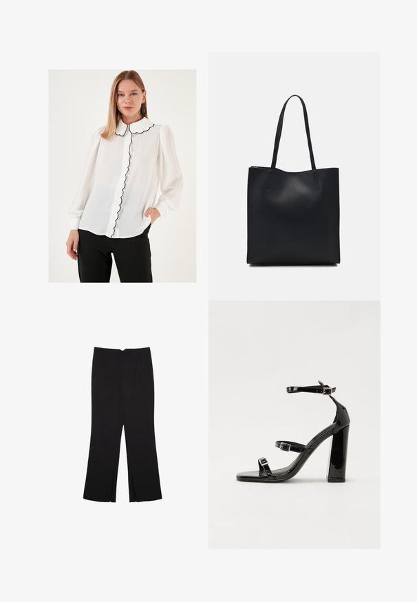 Bílá blůza s vlnitým límečkem, s černým lemováním a zapínáním na knoflíky. Dlouhé rukávy s elastickými manžetami, vyrobené z průsvitného materiálu.; Černé kalhoty s rovným střihem, s předními kapsami a bočními rozparky na lemu. Vyrobené z jemné, hladké tkaniny. Vhodné na různé příležitosti.; Černé lakované sandály na podpatku se čtveratou špičkou, lýtkovými pásky a stříbrnými přezkami. Disponují masivním blokovým podpatkem pro stabilitu.; Černá kožená taška přes rameno s hladkým povrchem, obdélníkovým tvarem a dvěma dlouhými uchy. Žádné viditelné kování ani ozdoby.