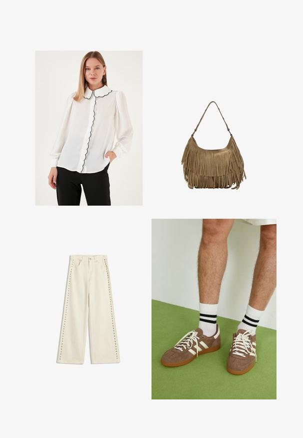 Valkoinen paita, jossa on aaltoileva kaulus, mustalla koristelulla ja nappisuljennalla edessä. Pitkät hihat, joissa on joustavat hihansuut, valmistettu läpinäkyvästä materiaalista.; Vaalean kermaiset leveät farkut, joissa on metalliset niittiakcentit ulkopolvissa, viisi taskua ja normaali nappisulku.; Ruske nahkate sneakerit valkoisilla korostuksilla ja nauhoilla. Kumi-gumipohja. Yhdistetty valkoisiin sukkiin, joissa on mustia raitoja. Vihreä teksturoitu lattia.; Ruskea mokkanahkainen käsilaukku, jossa on pitkät fringer yksityiskohdat, kaareva muoto ja yksi olkahihna. Pinta on sileä ja teksturoitu.